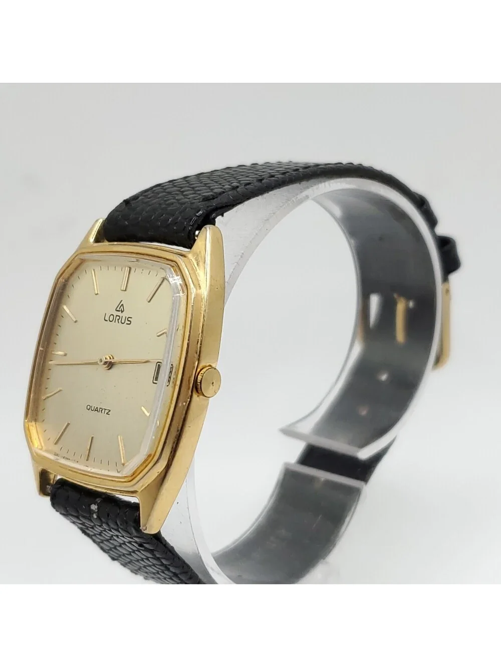 Lorus Watch Women New Battery Gold Tone Date Dial Black Leather Band 23mm READ